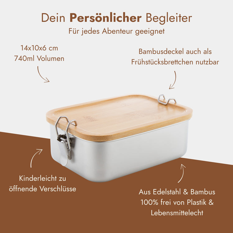 Personalisierbare Edelstahl-Brotdose mit Bambusdeckel, 740 ml, plastikfrei und ideal fuer Outdoor-Abenteuer.