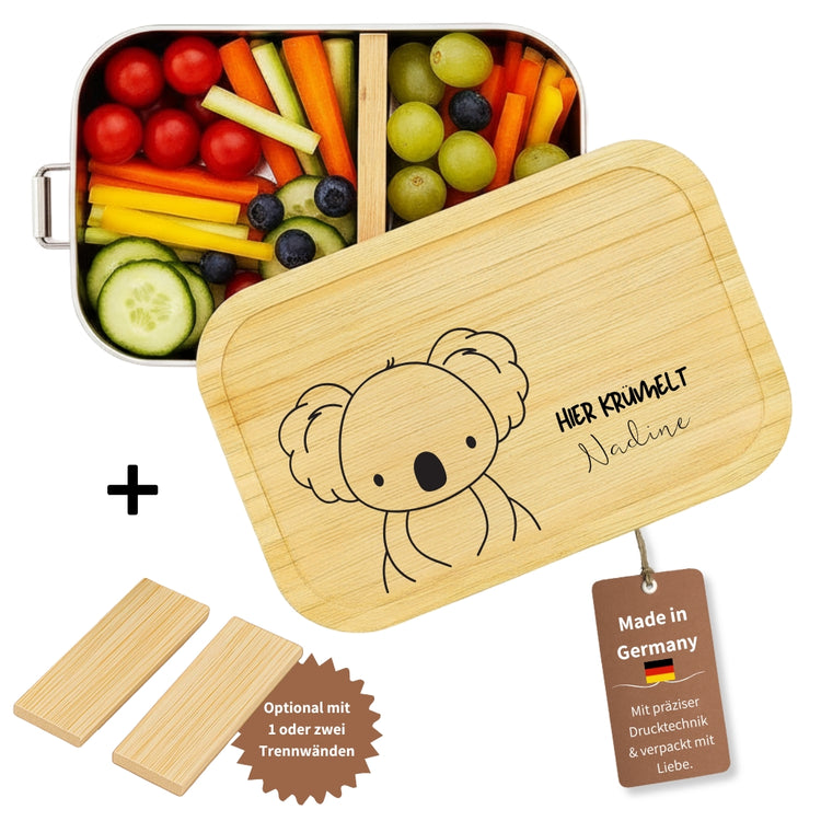 Personalisierte Edelstahl-Brotdose mit Bambusdeckel, Koala-Motiv und Namensgravur, inklusive optionaler Trennwaende.