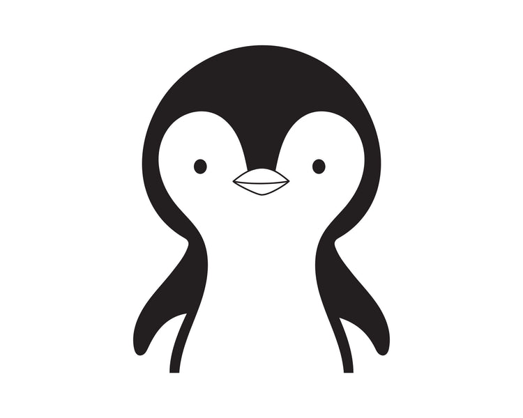 Niedliches Pinguin-Motiv in Schwarz-Weiss als Druckvorlage fuer personalisierbares Fruehstuecksbrettchen mit Tiermotiv.