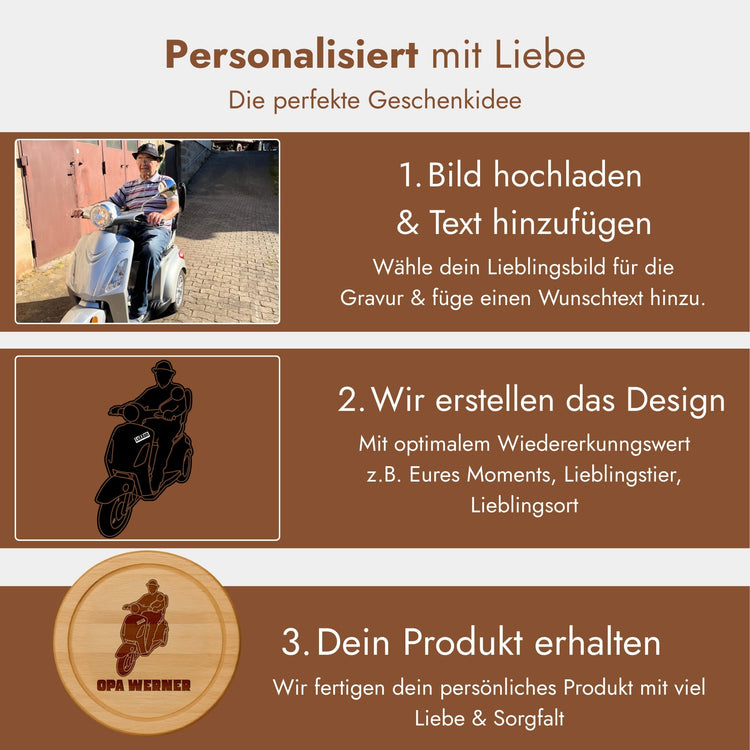 Rundes Holzbrett aus Buche mit individueller Gravur vom eigenen Foto als personalisiertes Geschenk in drei Schritten.