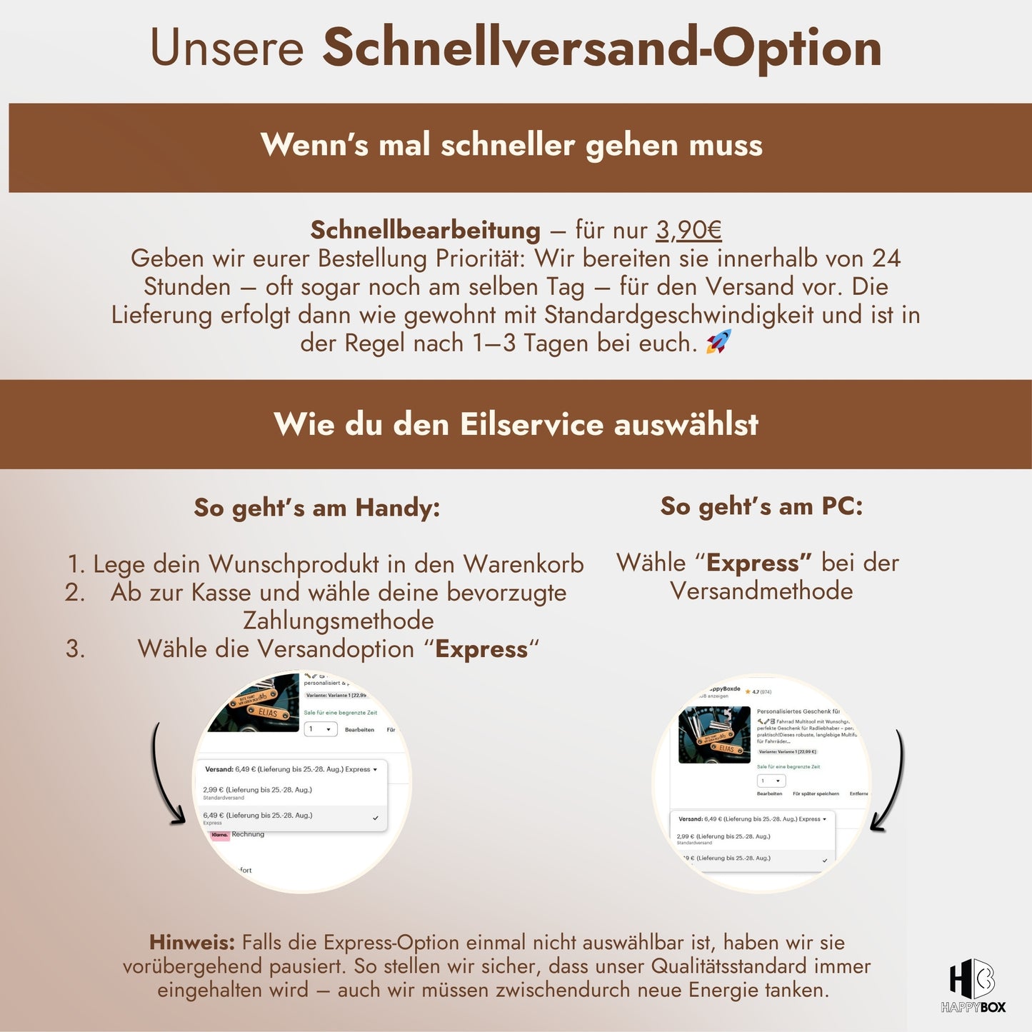 Infografik zur Schnellversand-Option mit Anleitung zur Express-Bestellung für personalisierte Geschenkkarte Papa.