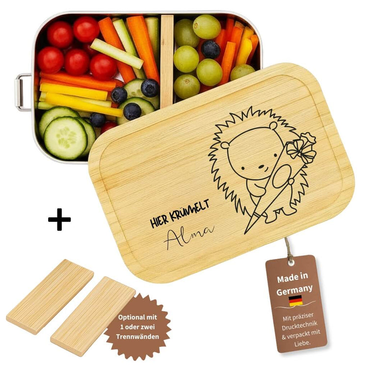 Personalisierte Edelstahl-Brotdose mit Bambusdeckel, Igel-Motiv und Namensgravur fuer Kinder zur Einschulung.