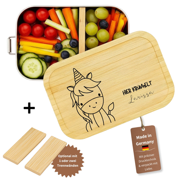 Personalisierte Edelstahl-Brotdose mit Bambusdeckel, Einhorn-Motiv und Namensgravur fuer Kinder.