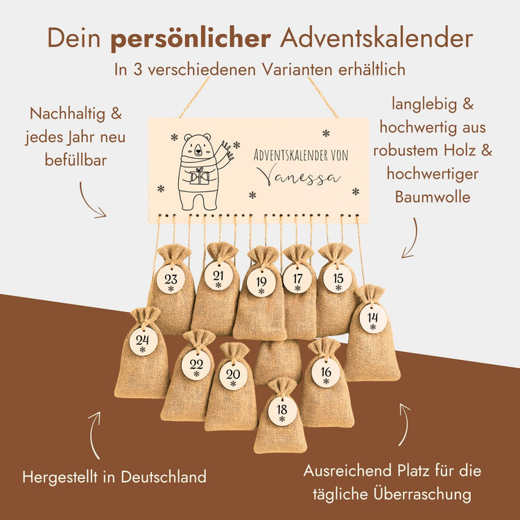 Personalisierter Adventskalender aus Holz mit Jutesäckchen, Weihnachtsbär-Motiv und individueller Namensgravur.