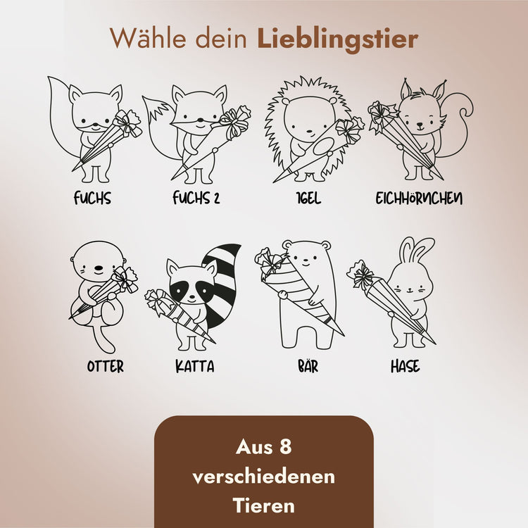 Auswahl aus acht Gravurmotiven mit Tierfiguren und Schultuete fuer personalisierte Edelstahl-Brotdose zur Einschulung.