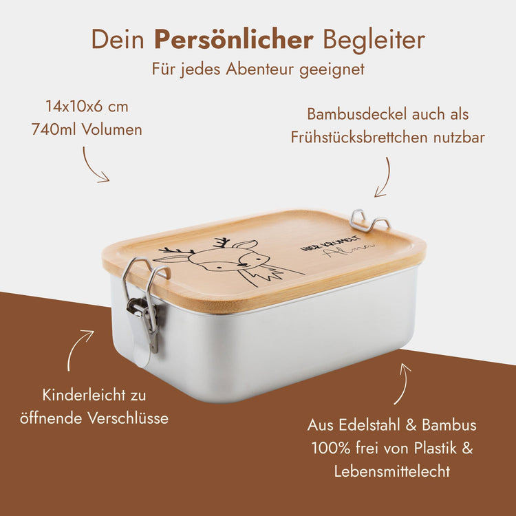 Personalisierte Edelstahl-Brotdose mit Bambusdeckel und graviertem Elch-Tiermotiv, 740 ml, plastikfrei.