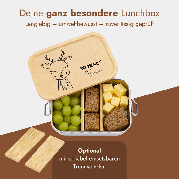 Personalisierte Edelstahl-Brotdose mit Bambusdeckel, Reh-Gravur und Name fuer Kinder.
