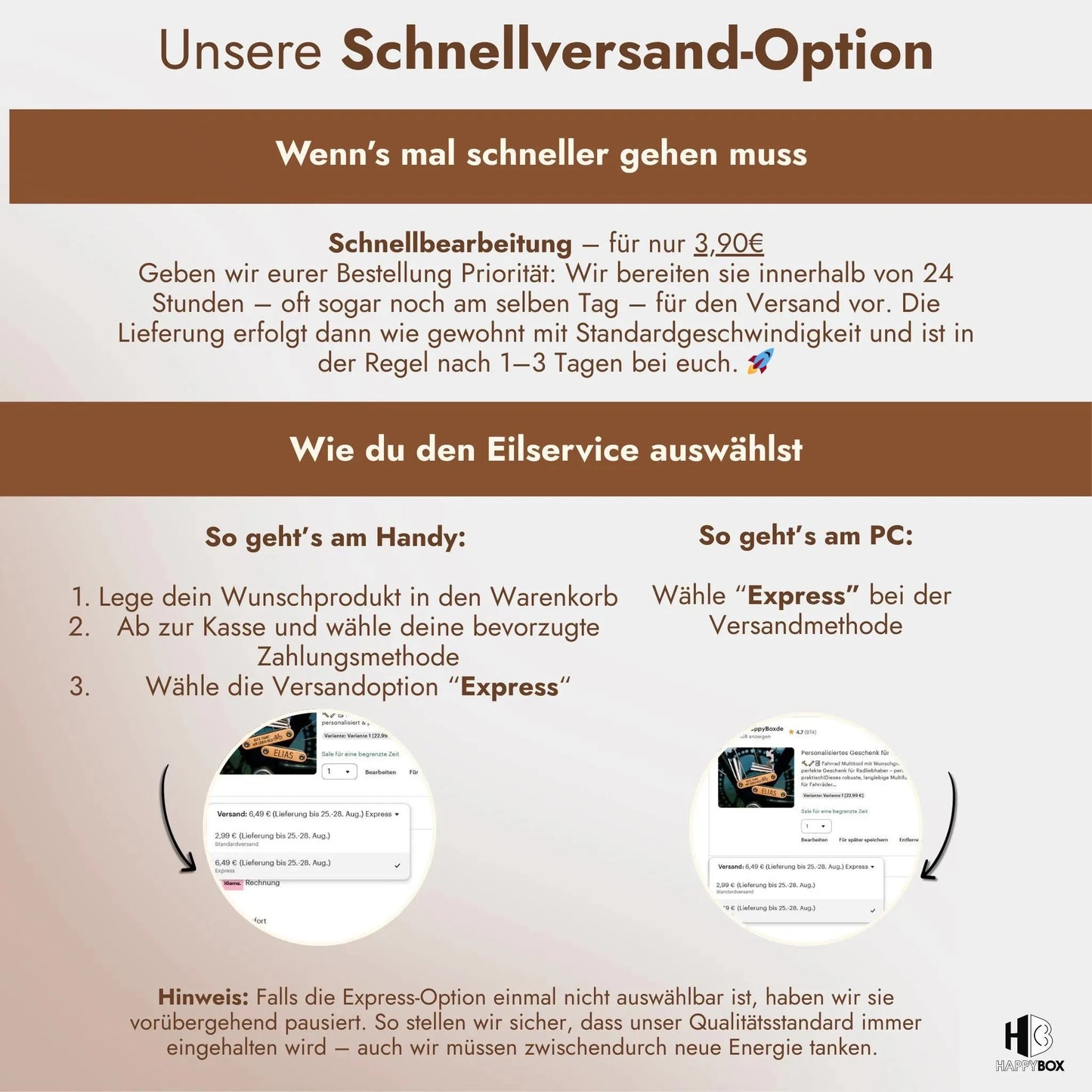 Schnellversand-Option mit Anleitung zur Express-Bestellung fuer personalisierte Geschenke im Online-Shop.
