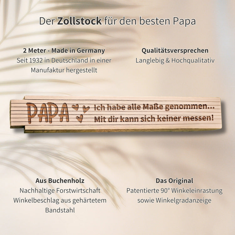 Personalisierter Zollstock aus Buchenholz mit Gravur Papa und liebevollem Spruch als Geschenk fuer Vaeter.