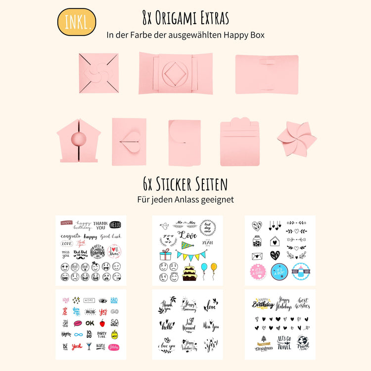 Rosa Happy Box Geschenkbox mit 8 Origami-Extras und 6 Stickerboegen fuer jeden Anlass.