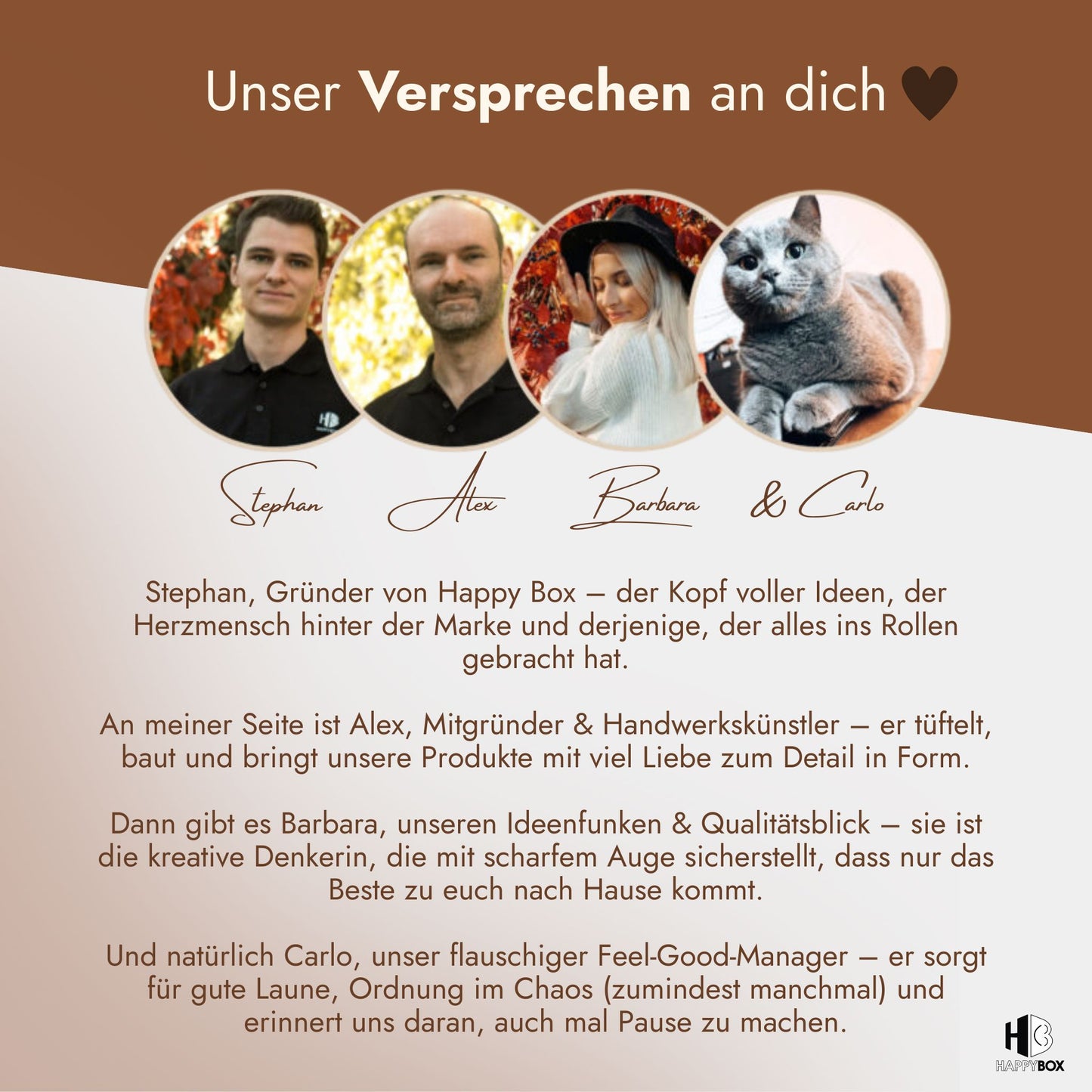 Teamvorstellung von Happy Box mit Gruendern Stephan, Alex, Barbara und Katze Carlo auf braunem Hintergrund.