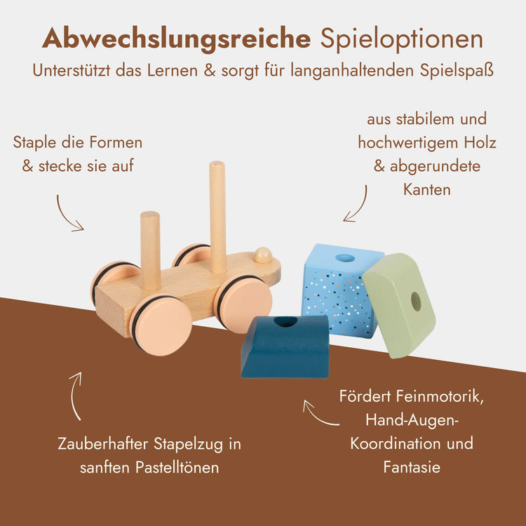 Holz Stapelzug in Pastelltoenen mit abgerundeten Bausteinen foerdert Feinmotorik und Hand-Augen-Koordination bei Kindern.