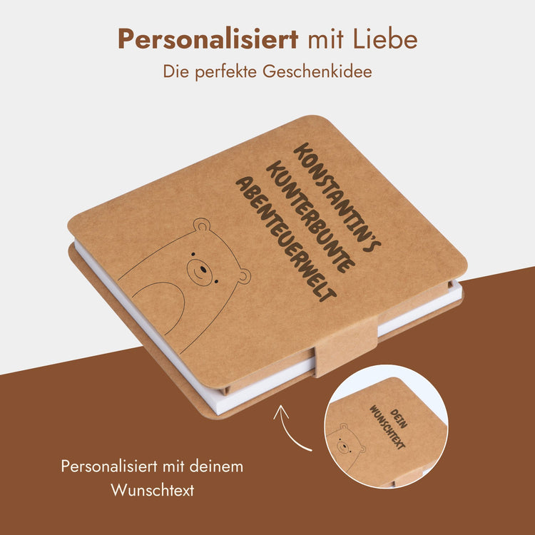 Personalisiertes Kinder-Malbuch mit Kraftpapier-Einband, Baer-Illustration und individuellem Wunschtext als Geschenkidee.