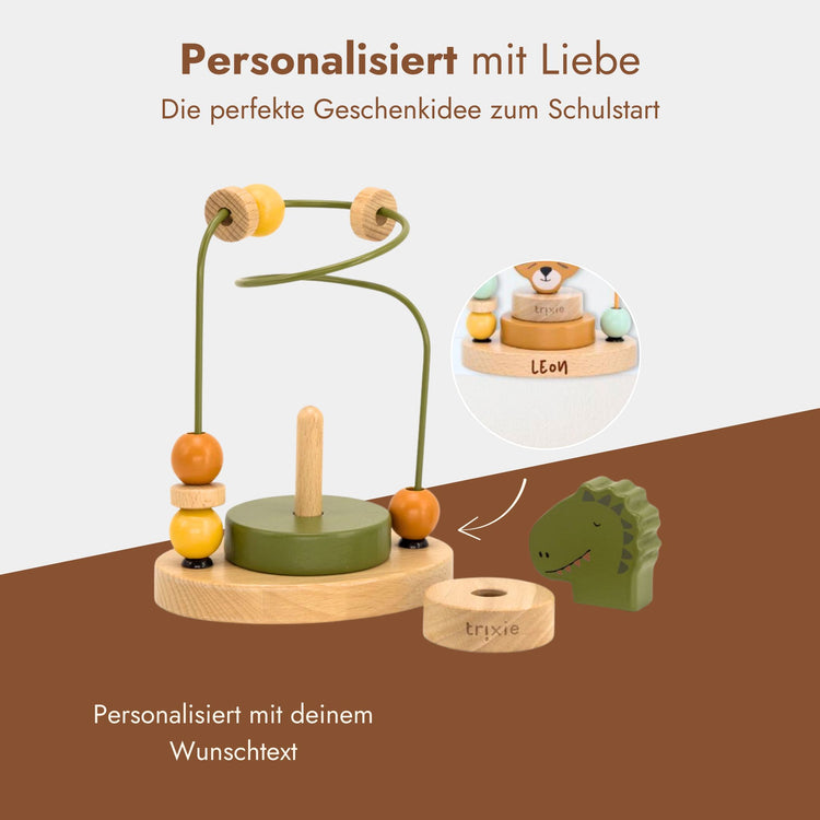 Personalisierte Motorikschleife Waldtiere aus Holz mit Namensgravur, ideal als Geschenk zum Schulstart.