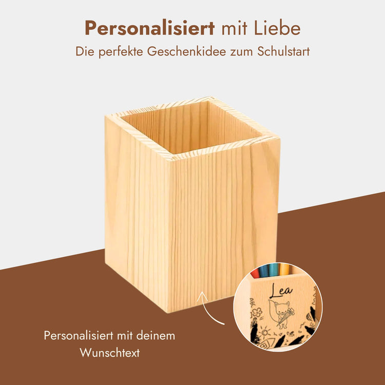 Personalisierter Stiftehalter aus Holz mit Tiermotiv-Gravur und Namensgravur als Geschenk zum Schulstart.