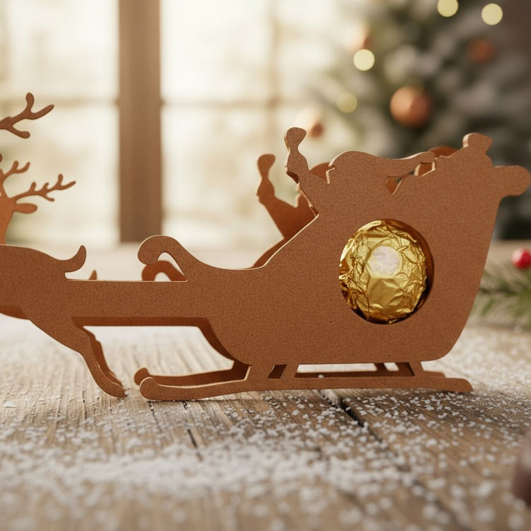 Weihnachtlicher Rentier-Schlitten aus Holz als Schokoladenhalter mit goldener Praline auf rustikalem Tisch.