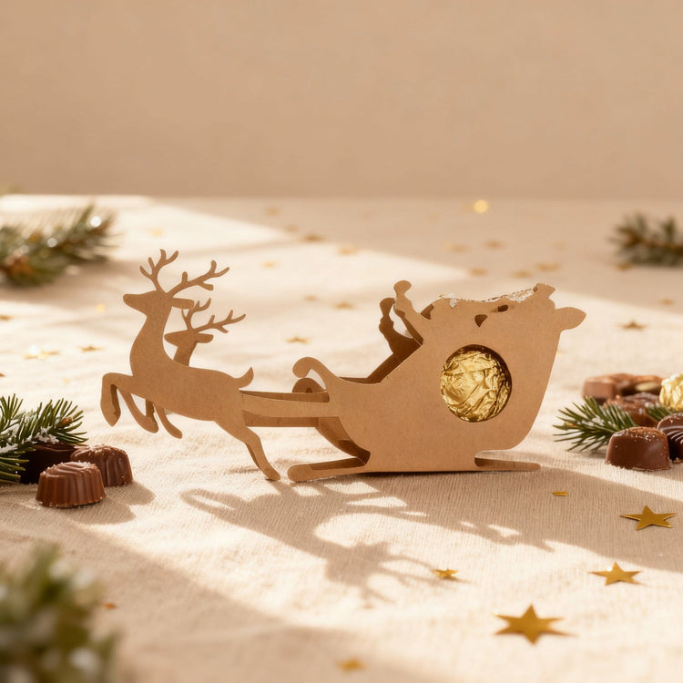 Rentier-Schlitten aus Holz als Schokoladenhalter mit goldener Praline auf weihnachtlich dekoriertem Tisch.