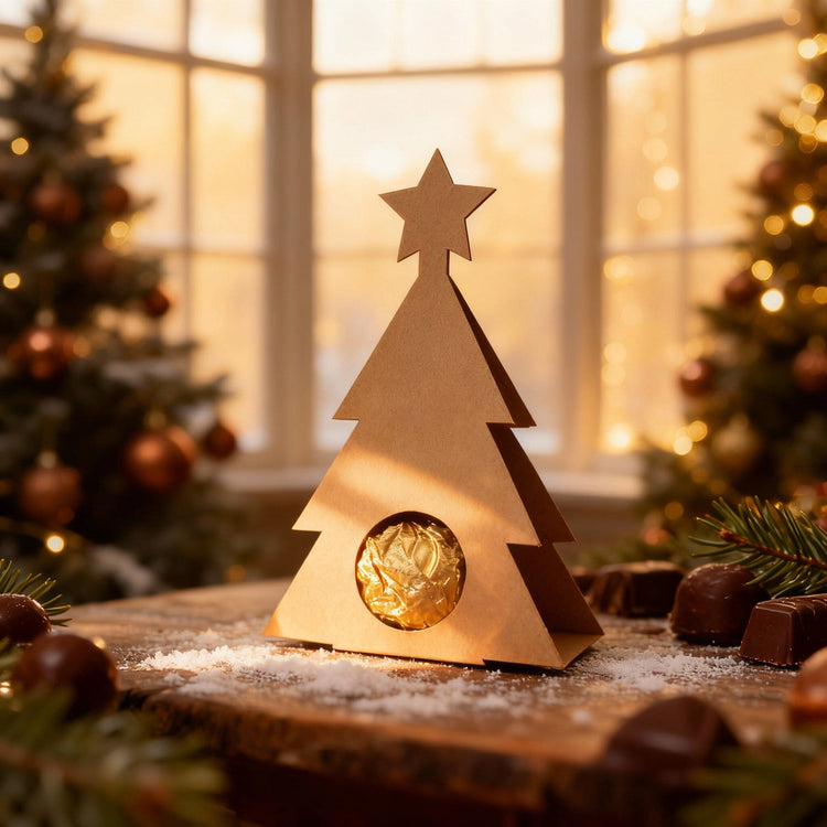 Weihnachtsbaum-Schokoladenhalter aus Holz mit Stern und goldener Praline in festlicher Dekoration.