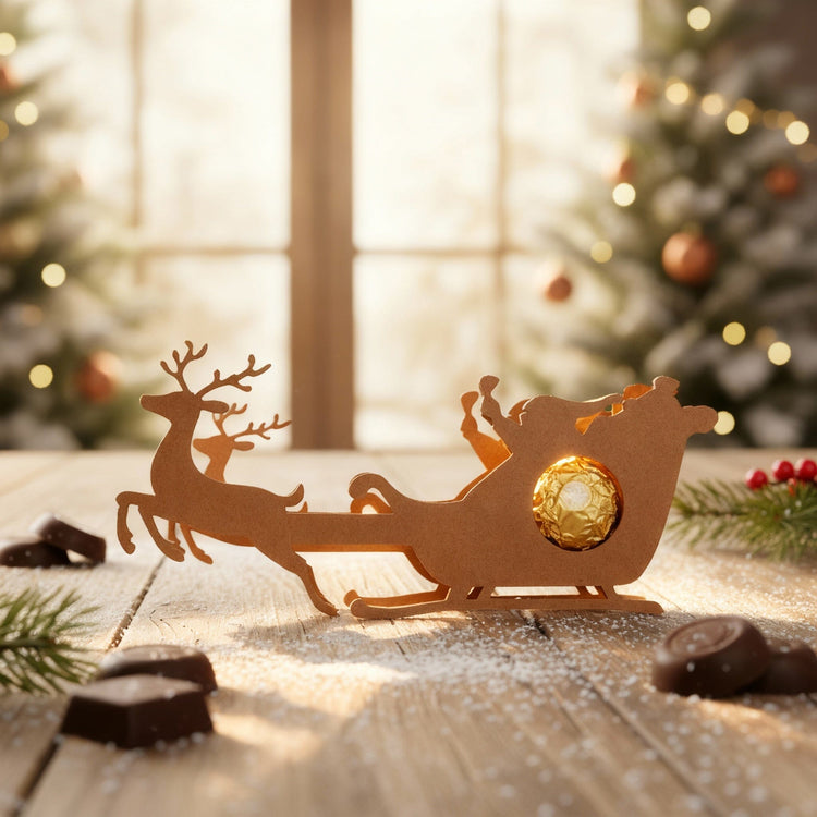 Rentier-Schokoladenhalter aus Holz mit Schlitten und goldener Praline in weihnachtlicher Dekoration.