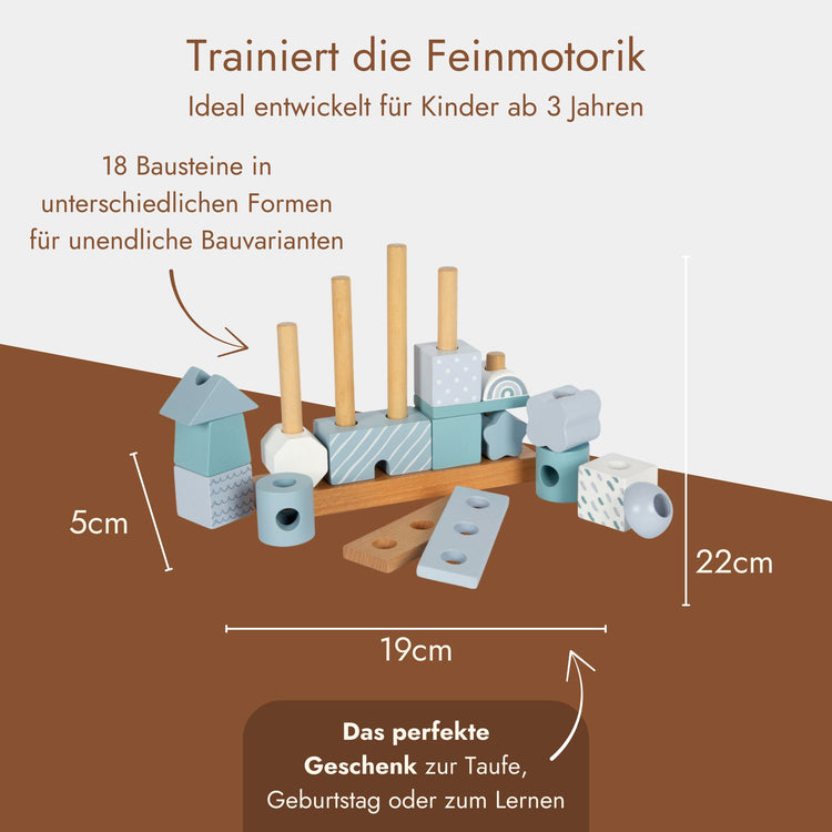 Stapelhaus aus Holz in Rosa und Blau mit 18 Bausteinen in verschiedenen Formen fuer Kinder ab 3 Jahren.