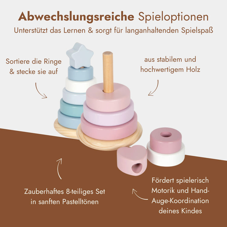 Stapelturm aus Holz mit pastellfarbenen Ringen und Stern-Aufsatz zur Foerderung der Feinmotorik bei Kindern.