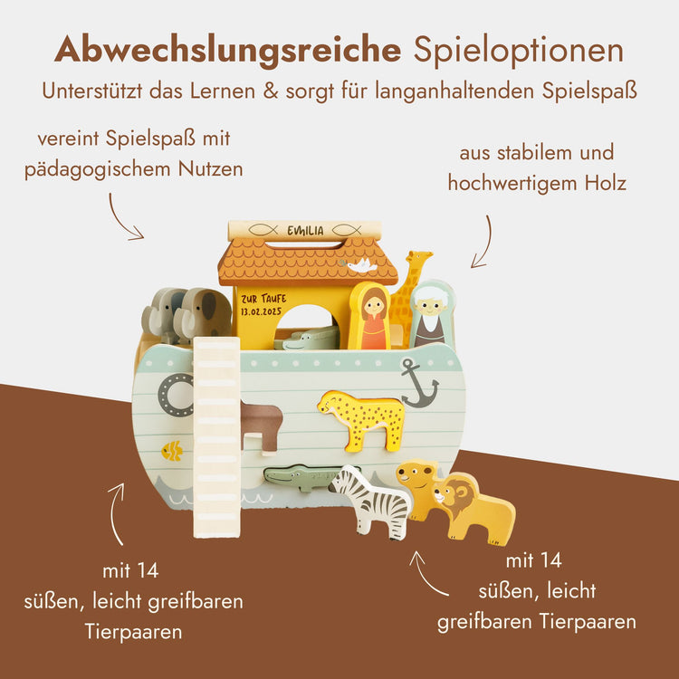 Personalisierte Arche Noah aus Holz mit Namensgravur, 14 Steckfiguren-Tierpaaren und kindgerechtem Design als Taufgeschenk.