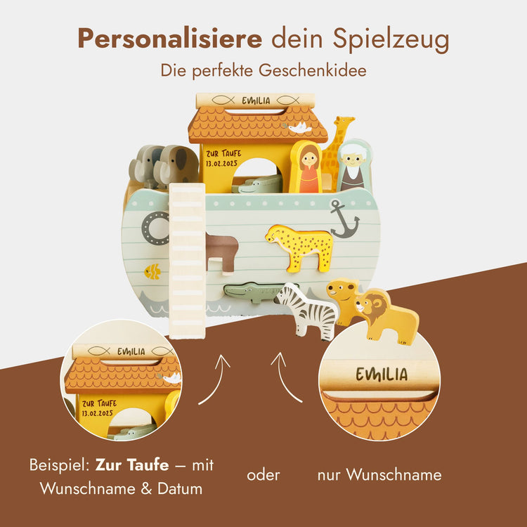 Personalisierte Arche Noah aus Holz als Steckspiel mit gravierten Namen und Tierfiguren zur Taufe.