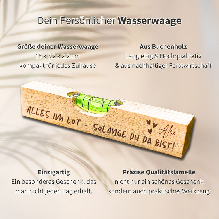 Personalisierte Wasserwaage aus Buchenholz mit Gravur und Namensgravur als einzigartiges Geschenk.