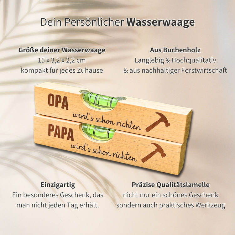 Personalisierte Wasserwaage aus Buchenholz mit Gravur Papa und Opa wird's schon richten als Geschenk.