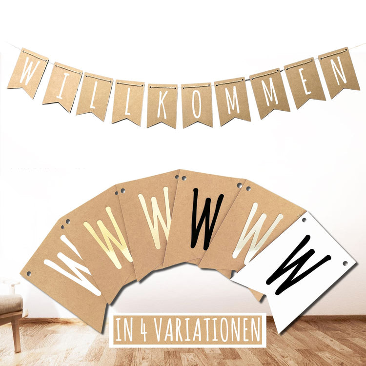 Personalisierte Wimpelkette aus Kraftpapier mit Schriftzug Willkommen in vier Farbvariationen zum Aufhaengen.