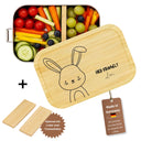 Personalisierte Edelstahl-Brotdose mit Bambusdeckel, Hasenmotiv und Namensgravur fuer Kinder.