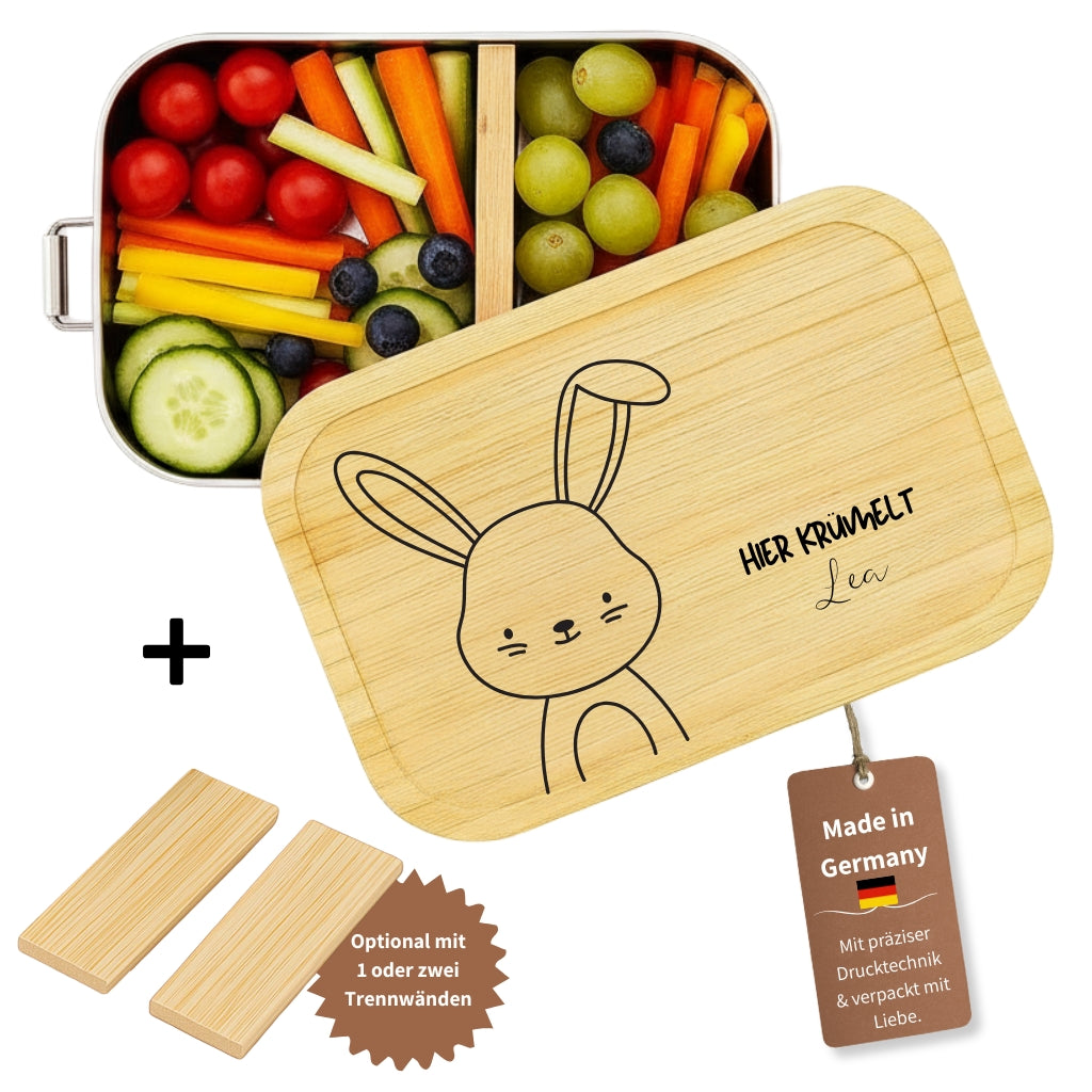 Personalisierte Edelstahl-Brotdose mit Bambusdeckel, Hasenmotiv und Namensgravur fuer Kinder.