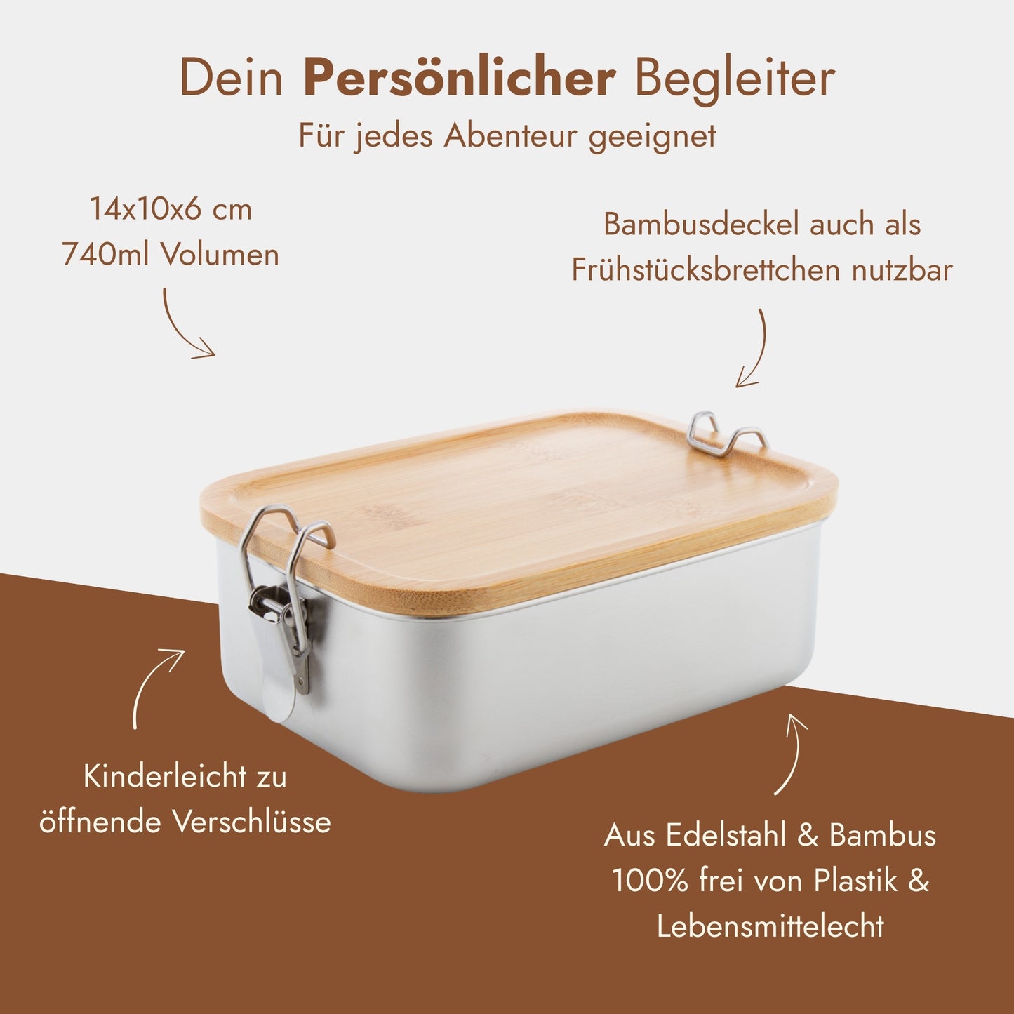 Personalisierbare Edelstahl-Brotdose mit Bambusdeckel, 740 ml, plastikfrei und ideal fuer Outdoor-Abenteuer.