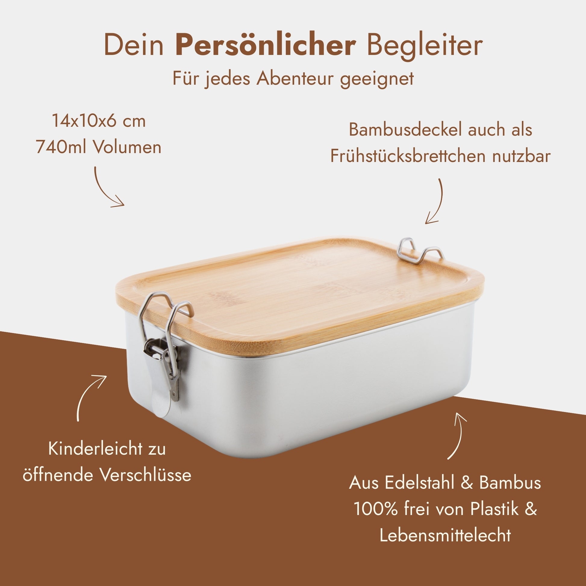 Personalisierbare Edelstahl-Brotdose mit Bambusdeckel, 740 ml, plastikfrei und ideal fuer Outdoor-Abenteuer.
