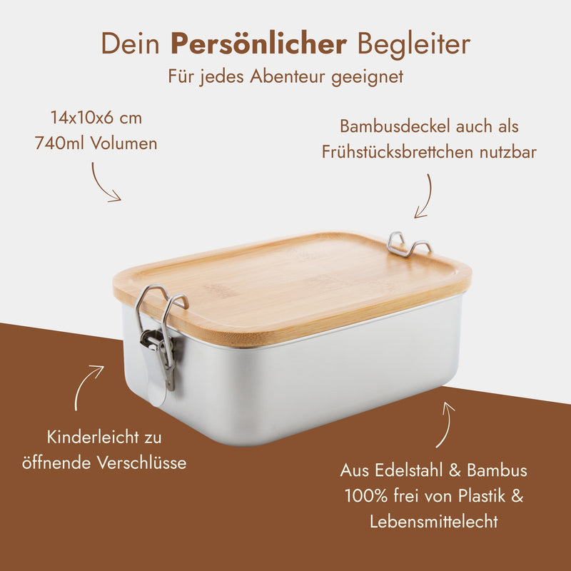 Personalisierbare Edelstahl-Brotdose mit Bambusdeckel, 740 ml, plastikfrei und ideal fuer Outdoor-Abenteuer.
