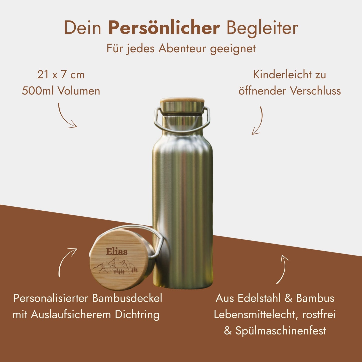 Personalisierte Edelstahl-Trinkflasche 500ml mit graviertem Bambusdeckel und Namen Elias.