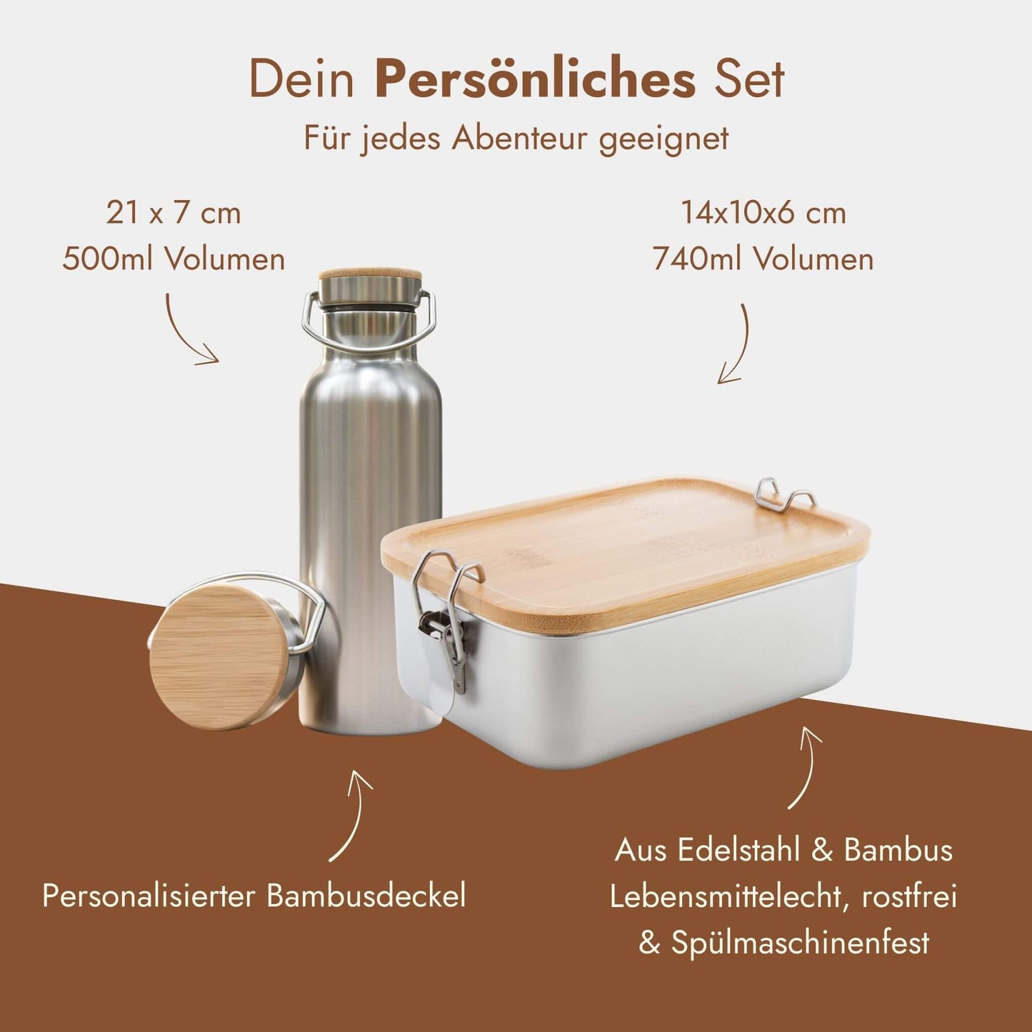 Personalisiertes Edelstahl-Set mit 500ml Trinkflasche und 740ml Lunchbox inklusive Bambusdeckel.