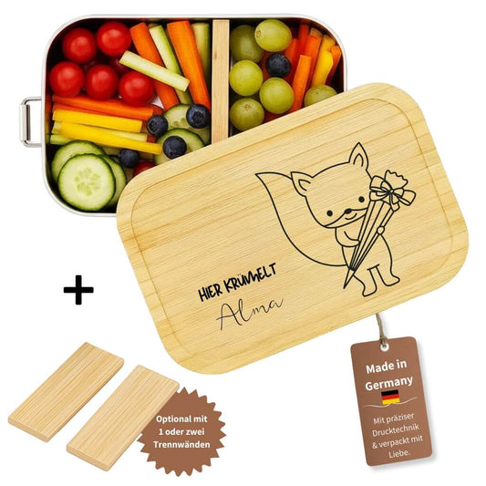 Personalisierte Edelstahl-Brotdose mit Bambusdeckel, Fuchs-Motiv und Namensgravur zur Einschulung.