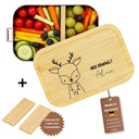 Personalisierte Edelstahl-Brotdose mit Bambusdeckel, bedruckt mit Reh-Motiv und Name, inklusive Trennwaende.