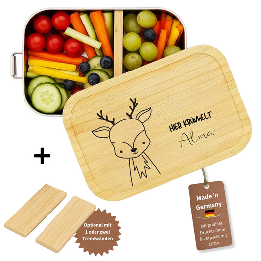 Personalisierte Edelstahl-Brotdose mit Bambusdeckel, bedruckt mit Reh-Motiv und Name, inklusive Trennwaende.