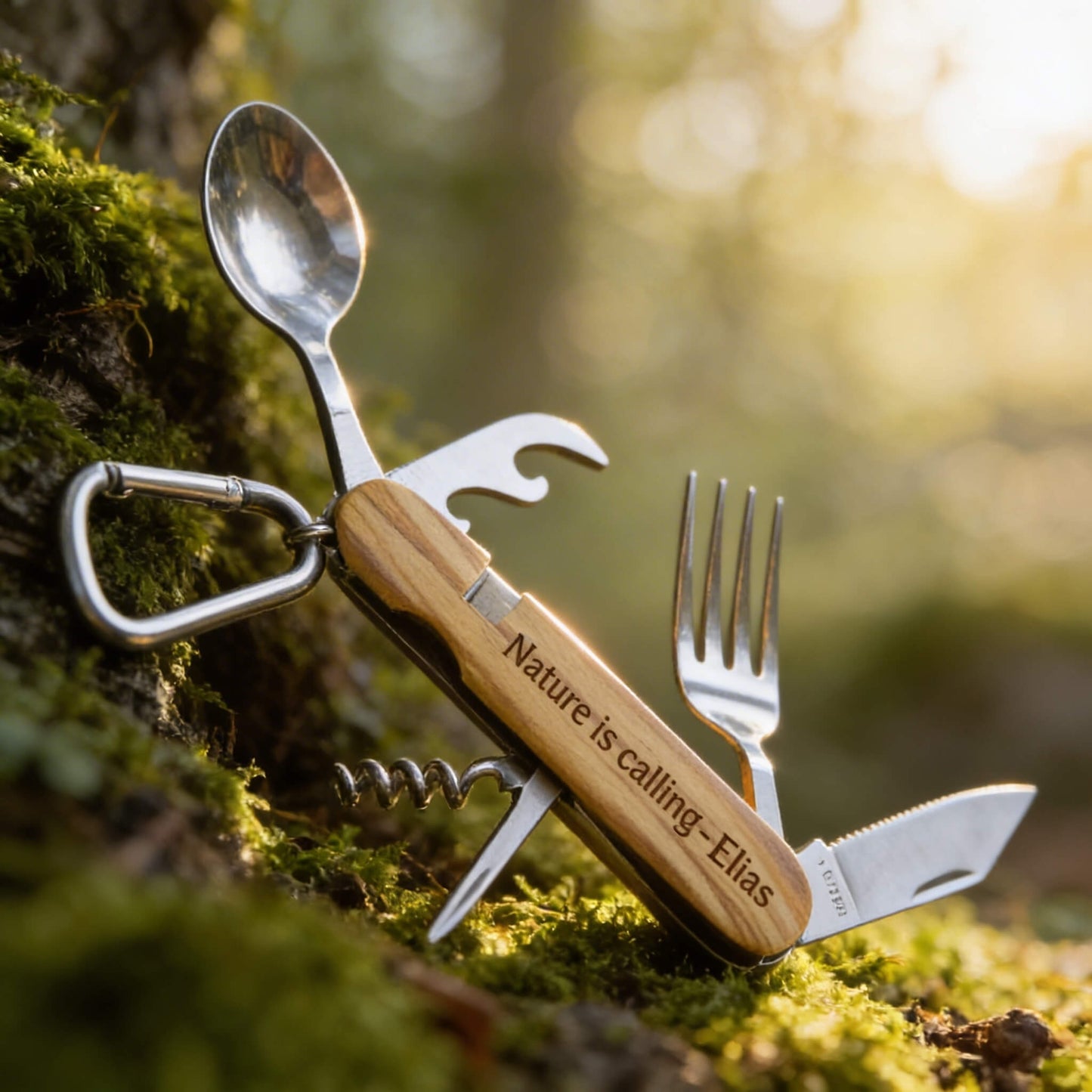 Campingbesteck aus Edelstahl mit Olivenholzgriff und personalisierter Gravur auf moosbedecktem Waldboden.