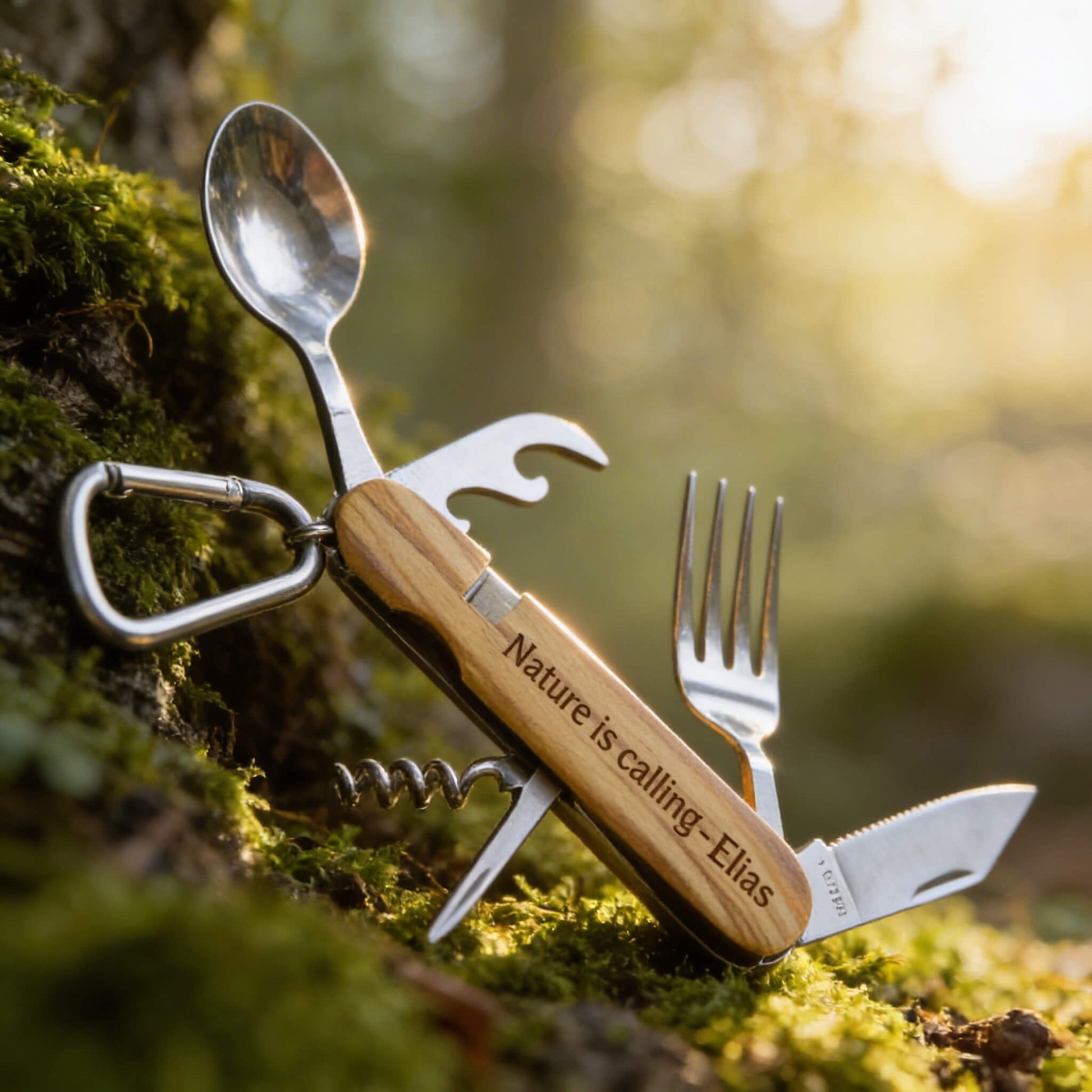Campingbesteck aus Edelstahl mit Olivenholzgriff und personalisierter Gravur auf moosbedecktem Waldboden.