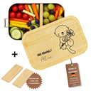 Personalisierte Edelstahl-Brotdose mit Bambusdeckel, Schulkind-Motiv und graviertem Namen zur Einschulung.