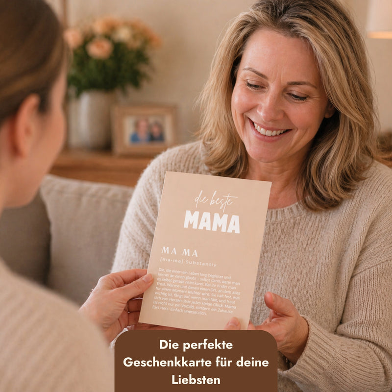 Personalisierte Geschenkkarte für Mama mit liebevoller Definition als emotionales Muttertagsgeschenk.