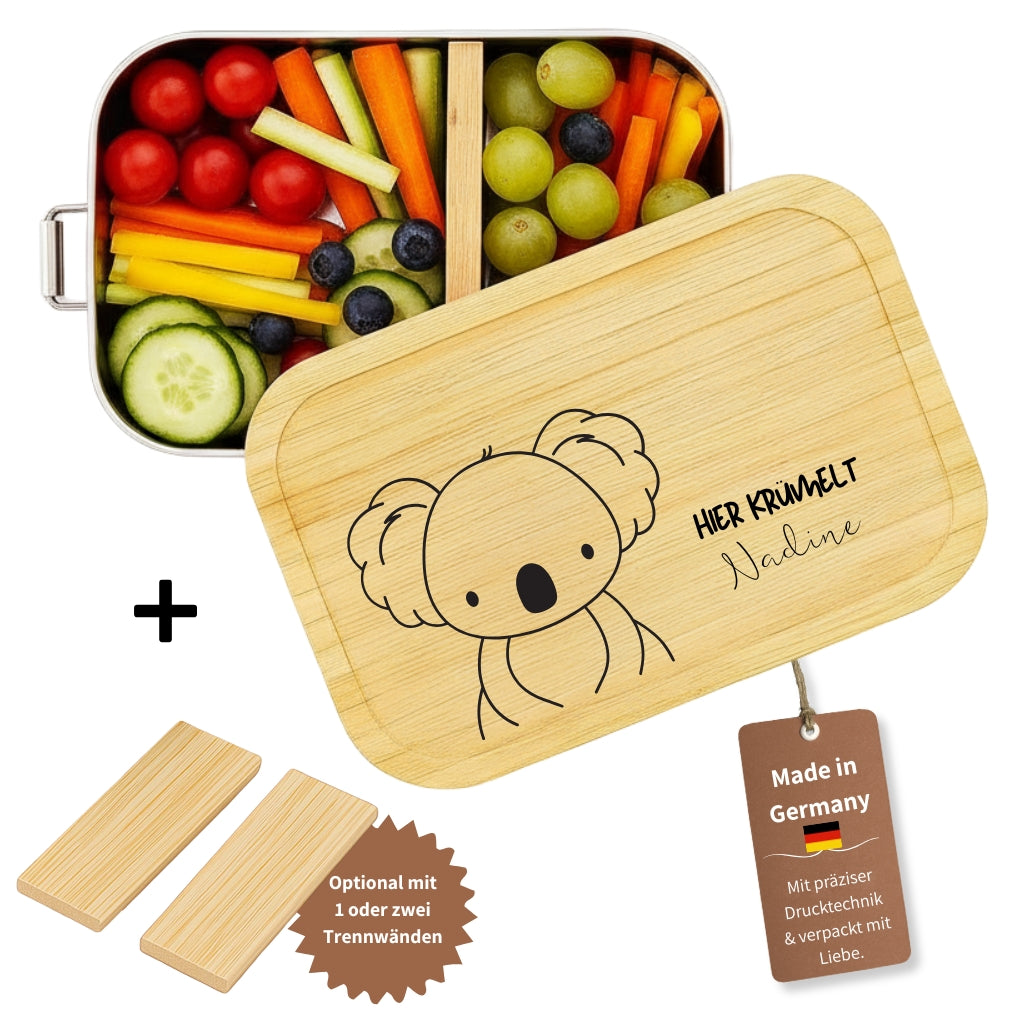 Personalisierte Edelstahl-Brotdose mit Bambusdeckel, Koala-Motiv und Namensgravur, inklusive optionaler Trennwaende.