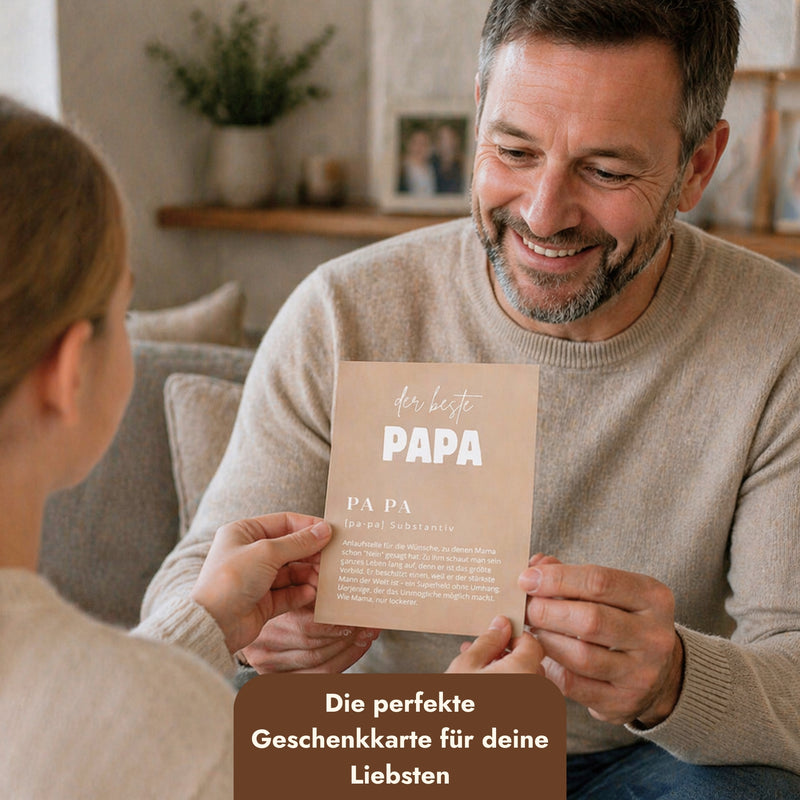 Personalisierte Geschenkkarte Papa mit Gravur-Definition als liebevolle Vatertagsüberraschung vom Kind.