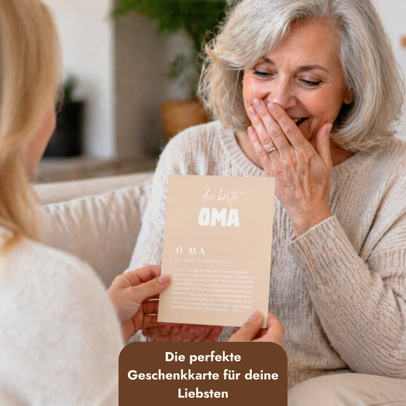 Personalisierte Geschenkkarte für Oma mit liebevoller Definition als emotionales Familiengeschenk.