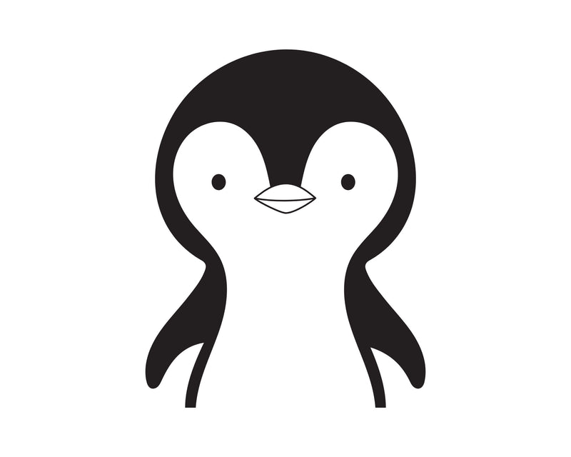 Niedliches Pinguin-Motiv in Schwarz-Weiss als Druckvorlage fuer personalisierbares Fruehstuecksbrettchen mit Tiermotiv.