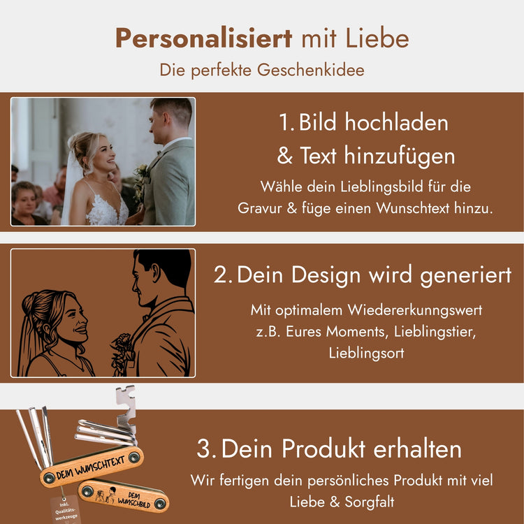 Edelstahl-Fahrrad-Multitool 9in1 mit personalisierter Gravur aus Wunschtext und Wunschbild auf Holzgriff.