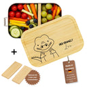 Personalisierte Edelstahl-Brotdose mit Bambusdeckel, Dinosaurier-Motiv und Namensgravur fuer Kinder.